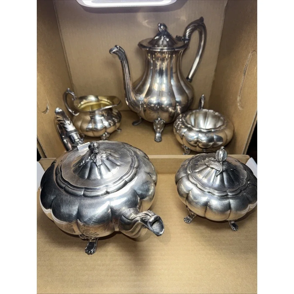 Vintage Silver Plate Tea Coffee Set‎ Melon Heirloom Tea,coffee, creamer, Sugar +
